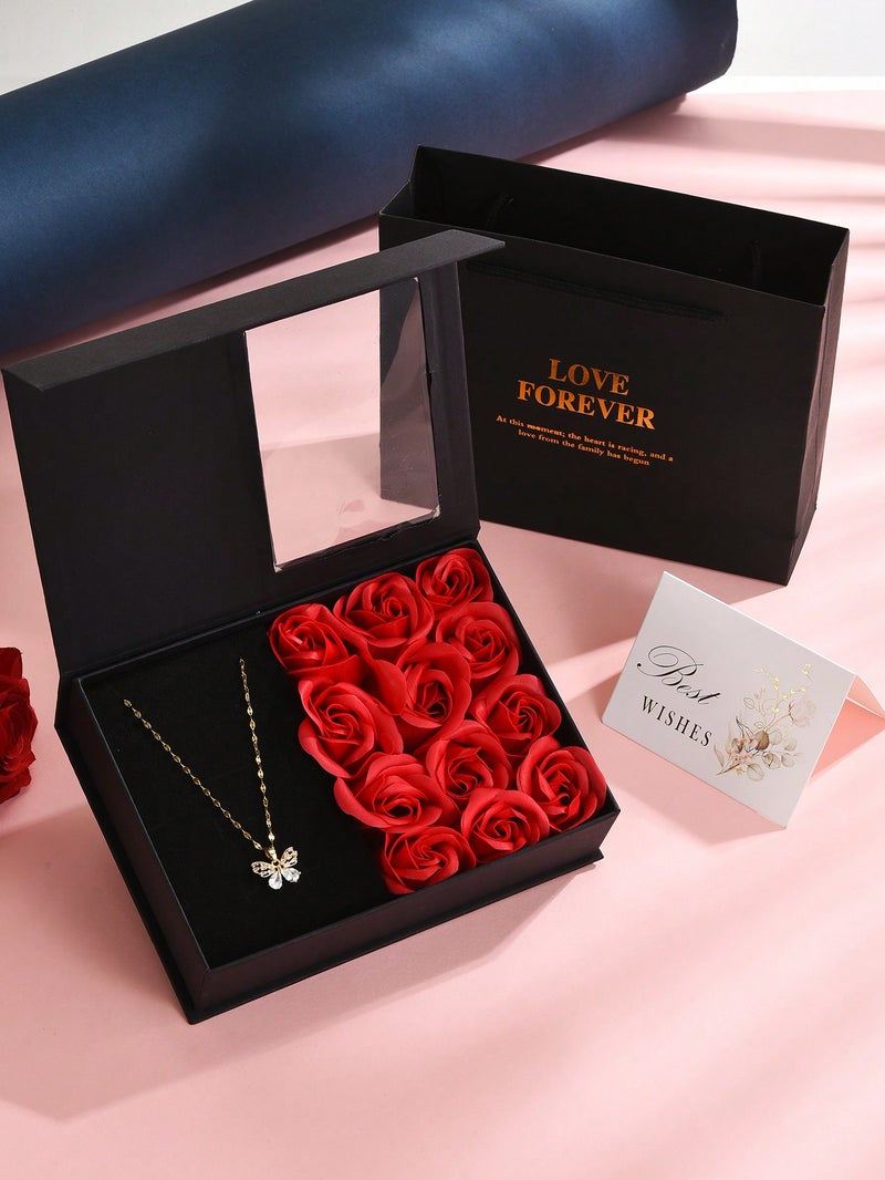 علبة هدايا يوم الحب مع ورد أحمر وعقد – هدايا رومانسية فاخرة للنساء - Image 1